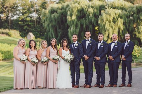 Navy Wedding Party, Pink Groomsmen, Pink And Navy Wedding, Navy Groomsmen, Blue Groomsmen, Dusty Pink Bridesmaid Dresses, Wedding Party Poses, Bridesmaid Poses, Wedding Groomsmen Attire