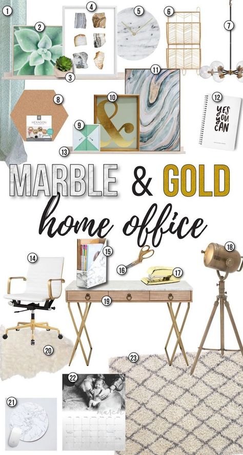 Marble and Gold Office | Home Office | Modern Office Design | Marble and Gold Office Inspiration | Office Design Board | Office Inspo | Home Office Design Ideas | Mint Green Office Ideas | Carrera Marble | Ways to incorporate marble into design | DIY Marb Mint Green Office Ideas, Home Office Mood Board, Office Mood Board, Office Decor Inspiration, Desk Gold, Marble Ideas, Gold Office Supplies, Thinking Chair, Salon Interior Design Ideas