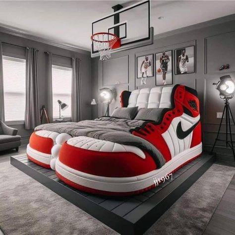 Neat Furniture, Teenager Bedroom Design, Basketball Bedroom, Boys Bedroom Themes, Sneakerhead Room, Basketball Room, Amazing Bedroom Designs, Bathroom Decor Ideas, Cute Bedroom Decor