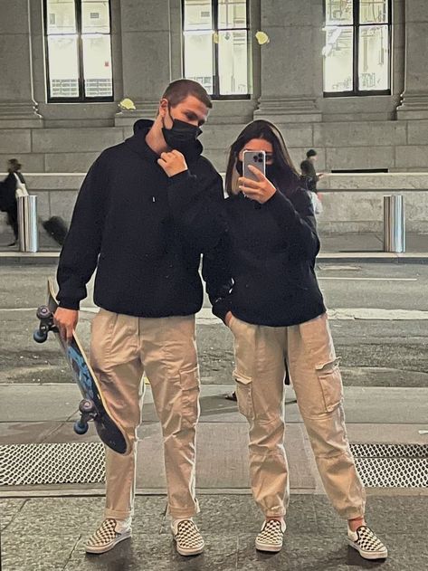 Best & Aesthetic Travel Outfits Ideas | All seasons Comfy Travel Outfit Ideas Twinning With Boyfriend Outfits, Matching Fits Couples Casual, Matching Couple Outfits Aesthetic Streetwear, Matching Couple Outfits Baggy, Matching Couple Outfits Alternative, Nike Matching Set Outfit Couple, Couples Business Casual Outfits, Cargo Converse Outfit, Matching Fits With Boyfriend