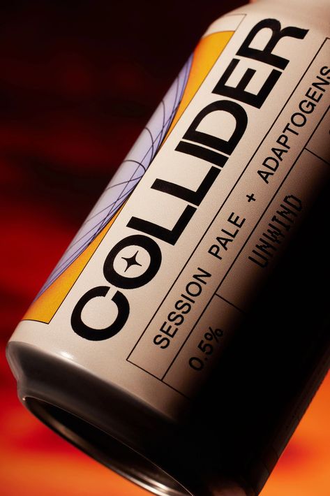 Collider is a non-alcoholic beer that transcends the realm of traditional brewing, focused on creating a sensory experience through its concoction of mood-boosting nootropic and adaptogenic ingredients. It packs all the fun of drinking beer, minus the negative impact of alcohol – a timely product that responds to the shifting consumer trends in the beverage market. To underscore Collider’s adventurous spirit, London-based strategic design agency Duzi Studio looked to the design tropes of the ’80 80s Packaging Design, Retro Futurism Branding, Futuristic Packaging Design, Retro Packaging Design, Futuristic Packaging, Retro Futuristic Design, Alcohol Branding, Bottle Packaging Design, Beer Can Design