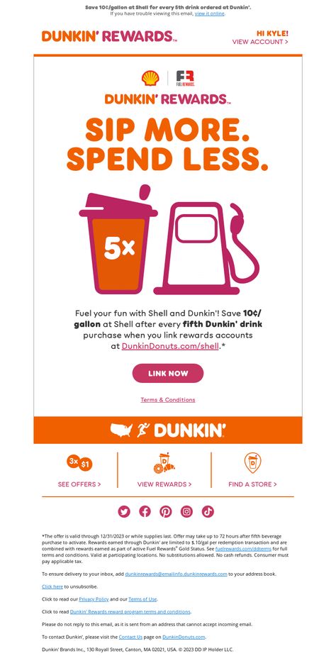 An awesome Loyalty & Rewards clubs email example from Dunkin' Donuts. View 100+ more email templates and examples and get inspiration for your next email design with MailCharts! #EmailDesign #EmailMarketing #EmailInspiration #Loyalty&RewardsClubsEmail Loyalty Program Email, Loyalty Program Design, Email Examples, Campaign Planning, Loyalty Rewards, Loyalty Program, Email Design, Email Templates, Email Campaign