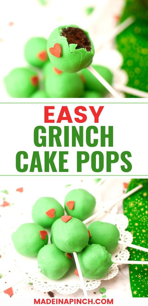 Grinch cake pops are candy-coated cake balls on sticks that are decorated to resemble everyone's favorite classic Christmas character. With a colorful candy coating around a cream cake center, Grinch cake pops taste as wonderful as they look and make a terrific addition to any holiday gathering or party! They're super easy to make and will impress everyone! Grinch Cake Pops, Different Cake Flavors, Thrifted Christmas, Cake Pops Recipe, Cake Pop Holder, Grinch Cake, Favorite Holiday Desserts, Dark Chocolate Candy, Frugal Christmas