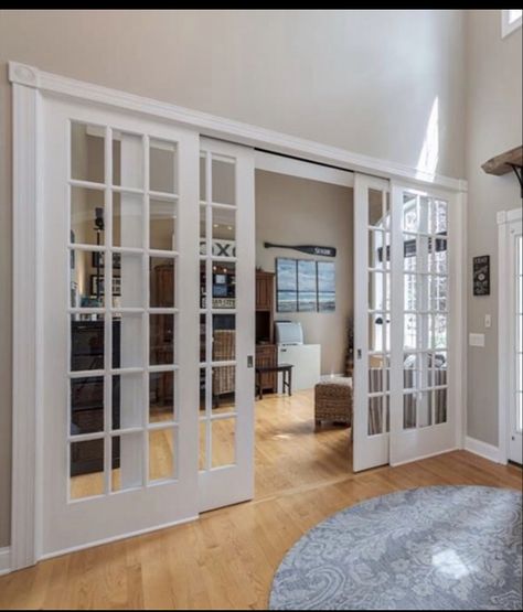 End Of Hallway Focal Point, French Door Partition, French Sliding Door Interior, Glass French Doors Interior Office, Door Separating Rooms, Office Sliding Doors, Double French Doors Living Room, Partition Door Design, Office Door Ideas