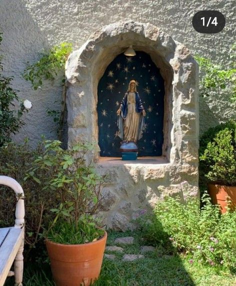 Marian Garden, Grotto Design, Home Altar Catholic, Patio Fountain, Sacred Garden, Prayer Garden, Altar Design, Catholic Decor, Hacienda Style