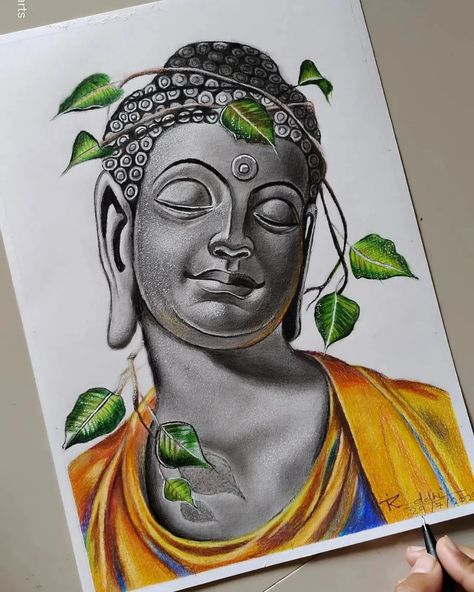 Hyperrealistic drawing made by only graphite pencils and Doms soft colour pencil Ganpati Colour Pencil Drawing, Colour Sketches Drawing, Art With Pencil Colours, Sketch Colour Drawing, Buddha Pencil Sketch, Pencil Color Sketches, Drawing Of Buddha, Realistic Colour Pencil Drawings, Colour Pencil Art Drawings