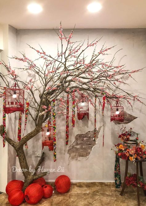 Cny Home Decoration, Asian New Year Decoration, Chinese New Year Christmas Tree, Cny Decoration Ideas Home, Chinese New Year Tree, Asian Christmas Decorations, Chinese New Year Decorations Ideas, Cny Decoration Ideas, Imlek Decoration