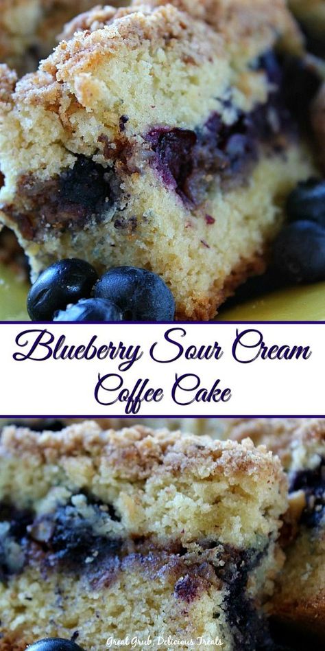 Blueberry Sour Cream Coffee Cake is moist, loaded with bursting blueberries and a crumb topping. #blueberry #blueberries #coffeecake #baking #greatgrubdelicioustreats Blueberry Sour Cream Coffee Cake, Blueberry Coffee Cake Recipe, Breakfast Coffee Cake, Blueberry Coffee, Blueberry Coffee Cake, Coffee Cake Muffins, Sour Cream Coffee Cake, Cake Coffee, Sour Cream Recipes