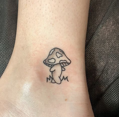 Mushroom Village Tattoo, Spiritual Mushroom Tattoo, Fairy Mushrooms Tattoo, Mushroom Cartoon Tattoo, Lil Mushroom Guy, Mushroom Dude Tattoo, Cute Matching Mushroom Tattoos, Mushroom Men Tattoo, Minimalist Mushroom Drawing