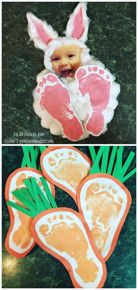 Easter footprint bunny photo keepsake craft for the kids to make! Also find footprint carrots for an easter art project. Footprint Bunny, Påskeaktiviteter For Barn, Nanny Activities, Easter Art Project, Bunny Photo, Faces Art, Easter Crafts For Toddlers, Infant Classroom, April Art