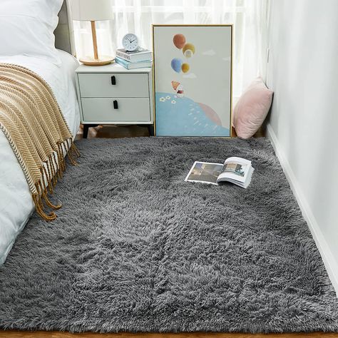 Ophanie Rugs for Bedroom Living Room, 4x5.3 Area Rug Grey Fluffy Fuzzy Soft Plush Shaggy Large Bedside Carpet, Big Indoor Floor Rug for Kids Girls Boys Home Decor Aesthetic, Dorm Nursery Gray Aesthetic Nursery, Nursery Gray, Nyc Bedroom, Shaggy Carpet, Boho Dorm Room, Area Rugs For Bedroom, Fuzzy Rug, Gray Area Rugs, Floor Living Room