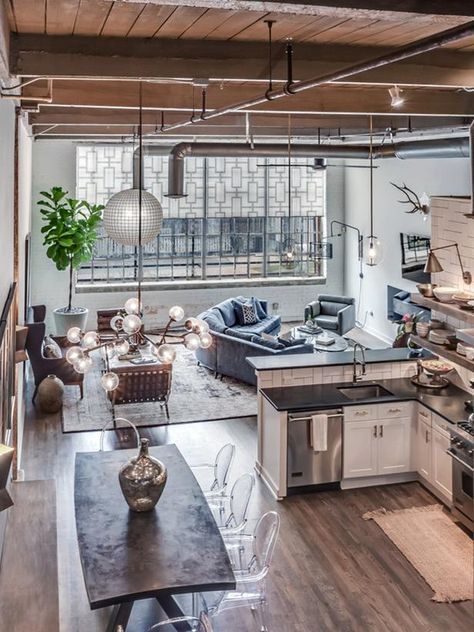 Bring the Industrial Look to Your Home | HGTV Small Kitchen Ideas Remodel Layout, Kitchen Open Concept, Loft Apartment Decorating, Living Room Floor Plans, Concept Living Room, Open Concept Kitchen Living Room, Modern Home Decor Kitchen, Industrial Home Design, Loft Kitchen