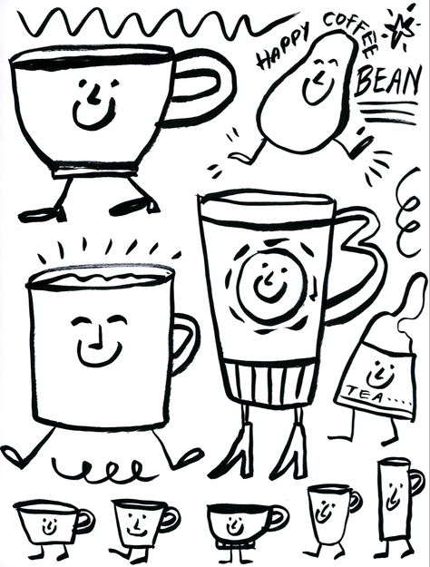 Dancing mugs with a jolly coffee bean makes smiles happen on this sketchbook page. Coffee Mug Doodle, Cute Coffee Doodles, How To Draw Coffee, Iced Coffee Doodle, Coffee Bean Character, Coffee Doodle Art, Coffee Bean Drawing, Barista Illustration, Coffee Bean Illustration