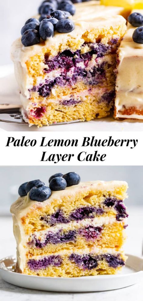 This paleo lemon blueberry layer cake is so tender, moist and flavorful, with a grain free lemon cake, juicy blueberries, and a cream cheese frosting that you won’t believe is completely dairy free. This cake is a showstopper for any celebration yet surprisingly easy to make! Gluten free, dairy free, paleo friendly. #paleo #glutenfree #cleaneating #paleobaking #glutenfreebaking #healthybaking Lemon Blueberry Layer Cake, Paleo Cake Recipes, Cake Gluten Free Dairy Free, Blueberry Layer Cake, Dairy Free Cream Cheese Frosting, Paleo Baking Recipes, Gluten Free Lemon Cake, Lemon Blueberry Cake, Paleo Cake