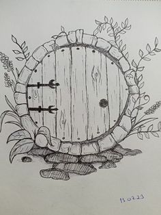 Hobbit Hole Drawing Easy, Drawing Door Ideas, Simple Fantasy Art Ideas, Fairy Tale Drawings Easy, Fantasy Door Drawing, Cottagecore Drawings Simple, The Hobbit Drawings Easy, Simple Fantasy Drawing, Fairy Garden Drawing Ideas