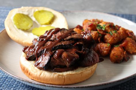 Cheap cuts of meat are transformed into tender barbecued roast beef by using Chef John's foolproof method. Beef On A Bun, Bbq Roast Beef, Meat Entrees, Top Round Steak, Charcoal Grilling, Bbq Roast, On A Bun, Beef Dip, Lime Butter