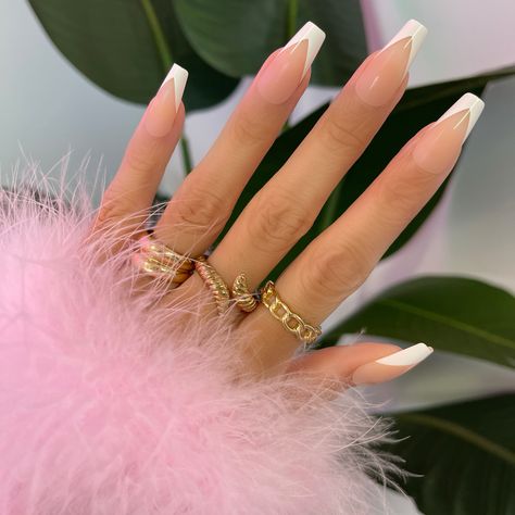 Modern White Tip Acrylic Nails, Coffin White Nails French Tip, Bride Nails Coffin Shape, French Nails With Cross Design, White Sharp French Tip Nails, White Sparkle French Tip Nails Coffin, Pointy French Tip Nails Coffin, French Tip Nails On Coffin Shape, White Tips Nails Coffin