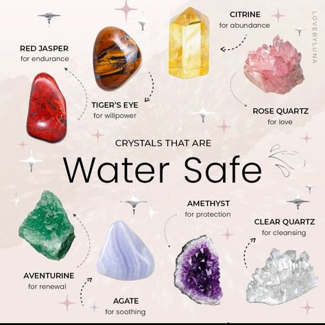 Water Safe Crystals, Crystal Identification, Crystal Healing Chart, The Crystals, Witch Tarot, Crystal Vibes, Wiccan Magic, Crystal Aesthetic, Crystal Guide