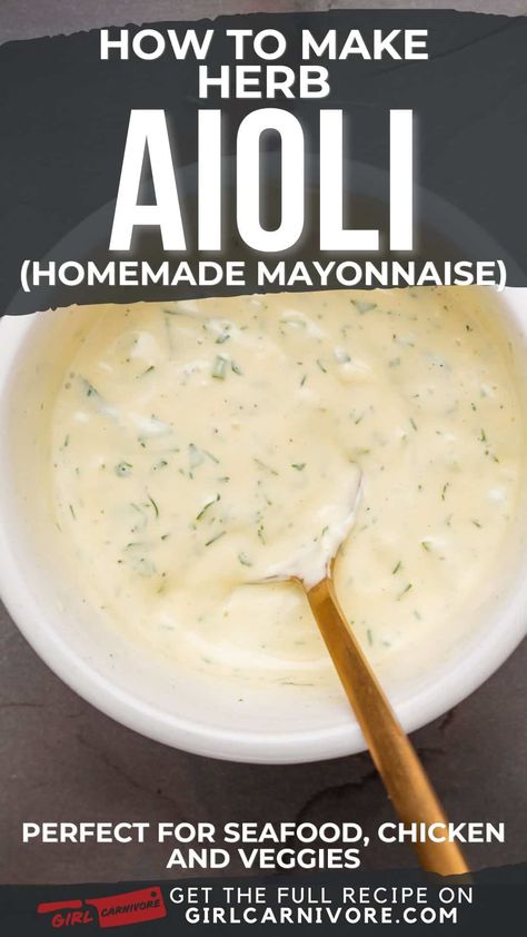 You aioli devotees are going to go crazy for this herby variation! 🌿💚 This herb aioli recipe takes rich, tangy mayo to new flavor heights. Just imagine all those glorious fresh herb notes from parsley, dill and basil minglers with pungent garlic and bright lemon. This sauce is like an aromatic explosion of vibrant, verdant flavors in each luscious bite! It's also stupid easy to make using this simple recipe - just whip up homemade mayo then stir in chopped fresh herbs. Hello, condiment ... Herb Aioli Recipe, Aioli Recipe Easy, Lemon Aioli Recipe, Chicken Saltimbocca Recipe, Herb Aioli, Homemade Aioli, Lemon Aioli, Aioli Recipe, Homemade Mayonnaise