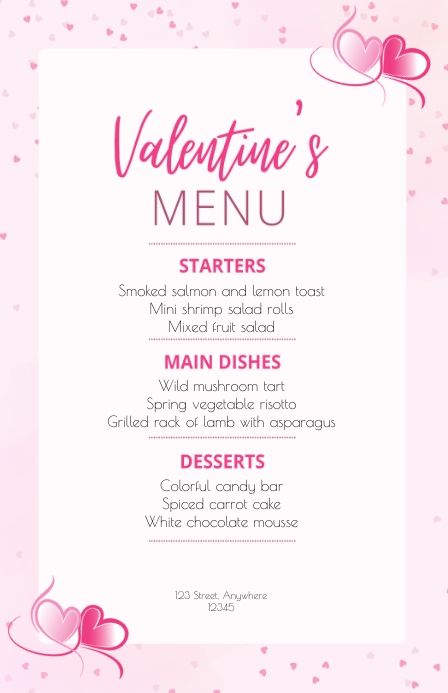 Valentine's Menu | PosterMyWall Romantic Menu Design, Valentines Day Infographic, Colorful Candy Bar, Valentine Event Poster, Valentine’s Day Menu Design, Free Menu Templates, Valentine’s Day Sale Flyer, Menu Sans Gluten, Vegetable Risotto