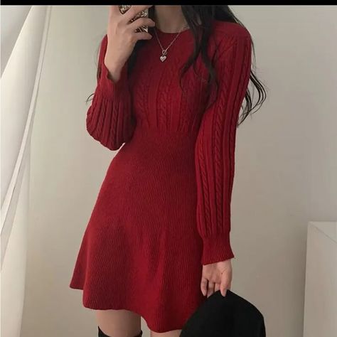 Cute Mini Dresses, Red Knit Dress, Red Dress Sleeves, Knitted Sweater Dress, Red Christmas Dress, Red Sweater Dress, Christmas Dress Women, Sweater Dress Outfit, Dresses Casual Winter