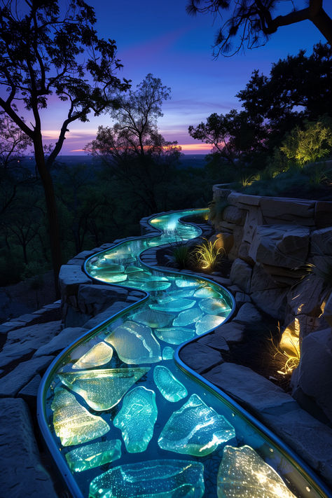 LIGHT PATHWAY, BACK YARD IDEAS, PATHWAY, WALKWAY, OUTDOORS, Floating Walkway Pathways, Water Pathway, Back Yard Ideas, Light Pathway, Mosaic Walkway, Glass Walkway, Bamboo Landscape, Rock Path, Magical Pathways