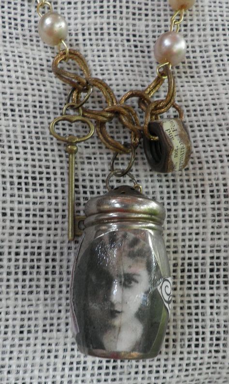 Upcycled small metal salt shaker with decoupage images by chicster, $42.00 Decoupage Images, Altered Art Jewelry, Found Object Jewelry, Vintage Jewelry Ideas, Salt Shakers, Junk Jewelry, Vintage Jewelry Crafts, Object Art, Found Object Art