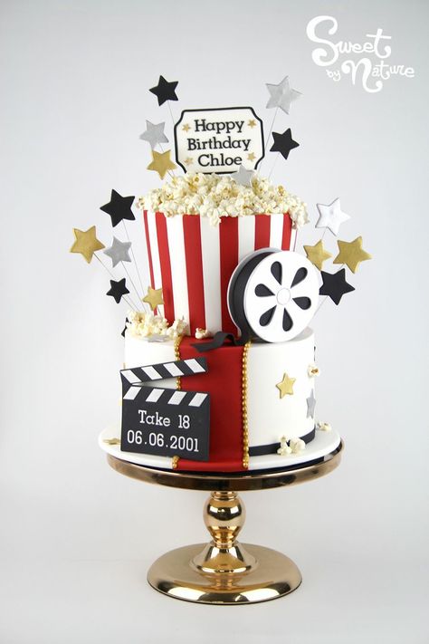 Movie Theatre Birthday Party, Movie Theme Cake, Hollywood Cake, Theatre Cake, Birthday Movie Night, Hollywood Birthday Parties, Popcorn Cake, Hollywood Birthday, Movie Night Birthday Party