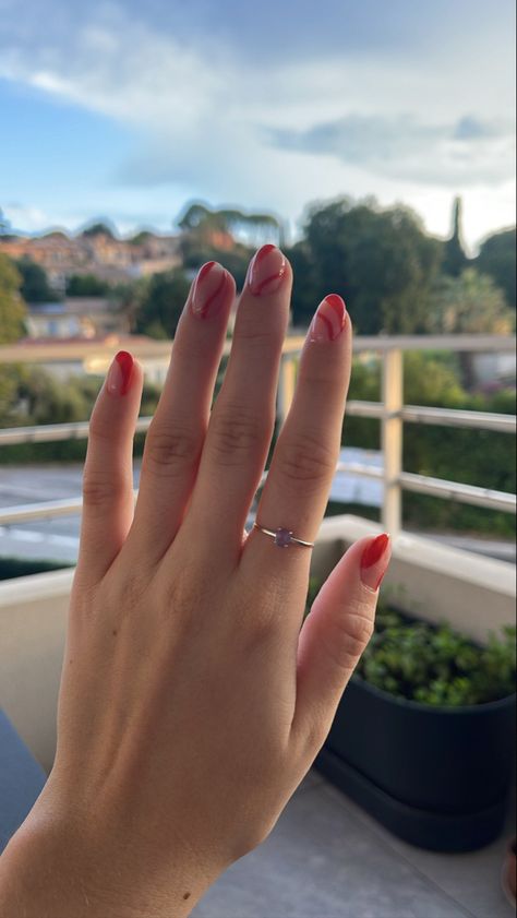 Hand with red abstract line nail art, a bold and artistic nail design Red Line Nail Art, Abstract Red Nails, Red Lines Nails, Red Line Nails, Red Abstract Nails, Abstract Line Nail Art, Abstract Nails, Line Nail Art, Rings Ceremony