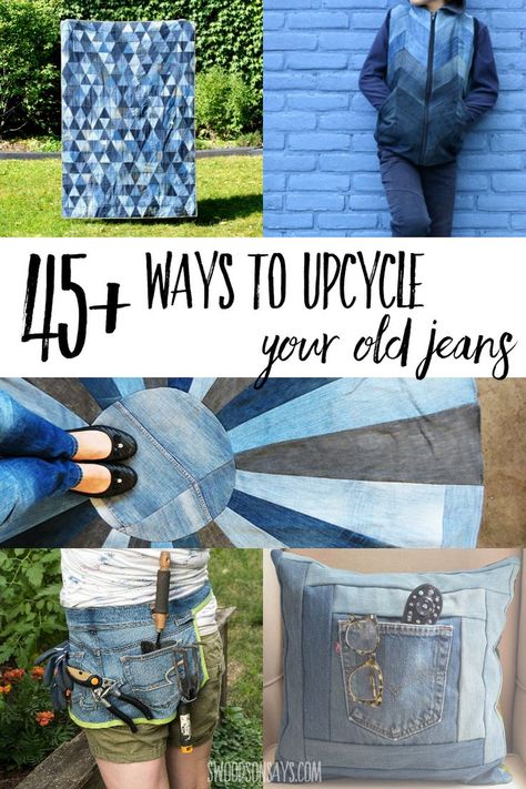 Check out these creative denim upcycle ideas! Lots of easy inspiration for ways to upcycle old jeans and beginner sewing tutorials for using up denim. Projects With Denim, Things To Do With Denim Scraps, What To Do With Denim Scraps, Diy Cloth Purse, Things Made From Old Jeans, Recycled Jeans Projects Diy, Denim Baskets Diy, Repurposed Jeans Projects, Old Fabric Ideas