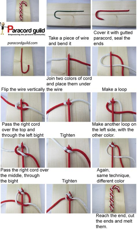 how-to-make-a-paracord-candy-cane Parachute Cord Crafts, Paracord Projects Diy, Candy Cane Crafts, Cords Crafts, Survival Knots, Paracord Diy, Paracord Tutorial, Paracord Knots, String Crafts