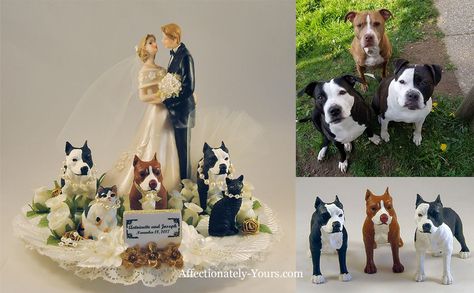 Personalized pet wedding cake topper with 3 customized pitbulls and 2 cats. Shown in ivory with gold accents, dark blonde / medium brown hair. First names and date plate included. http://www.affectionately-yours.com/yours-mine-and-ours-wedding-cake-topper/ Cats Wedding, Cat Wedding Cake Topper, Dog Cake Topper Wedding, Anniversary Cake Topper, Pet Birthday, Dog Cake Topper, Cake Photos, Groom Wedding Cakes, Animal Cupcakes