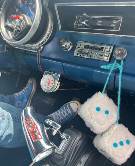 Denim Car Interior, Fuzzy Car Dice, Blue Old Car Aesthetic, Fuzzy Dice Aesthetic, Blue Race Car Aesthetic, Blue Driving Aesthetic, Car Mods Interior Blue, Blue Car Aesthetic Interior, Light Blue Car Interior