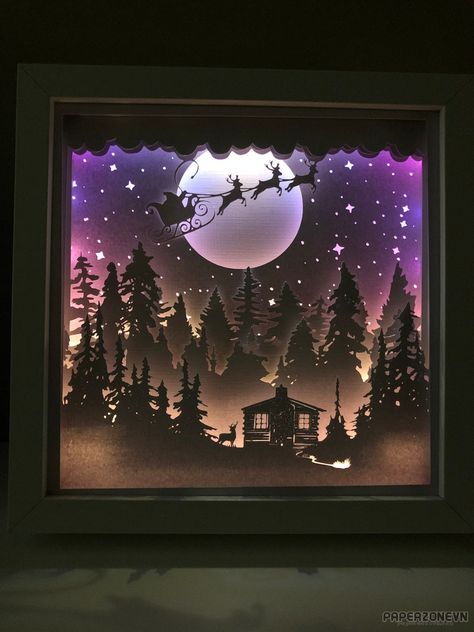 Lighted Shadow Box Ideas, 3d Shadow Box Cricut, Paper Shadow Box Art, Christmas 3d Design, Christmas Shadow Box Ideas, Christmas Shadow Box Svg, Shadow Light Box, Beautiful Christmas Scenes, Christmas Shadow Boxes