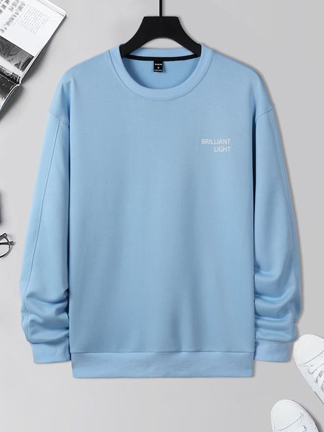 Baby Blue Casual Collar Long Sleeve Fabric Letter Pullovers Embellished Slight Stretch  Men Hoodies & Sweatshirts Male Hoodie, Light Blue Sweatshirt, Full Sleeve Tshirt, Dropped Shoulder Sweatshirt, Men Stylish Dress, Blue Sweatshirt, Mens Essentials, Fashion Inspiration Design, Blue Outfit