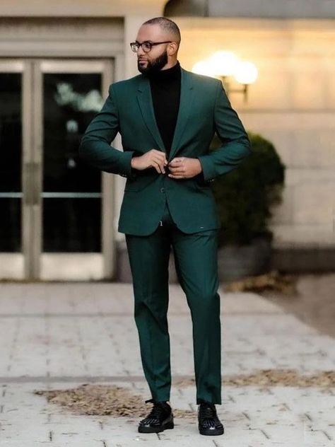 Green Suit With Turtleneck Men, Dark Green Prom Outfit Men, Green Blazer Outfit For Men, Men’s Dark Green Suit, Men Green Suit Outfit, Green Semi Formal Outfit Men, Green Coat Outfit Men, Emerald Green Men Outfit, Black And Green Suit Men