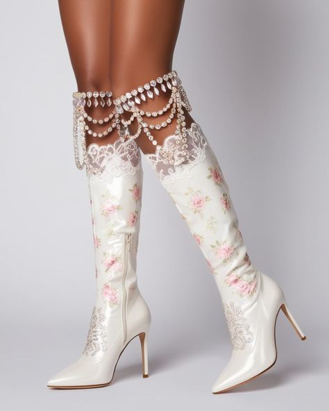 She laced her dreams with quiet courage, and walked into places others feared to tread. . . . . . . . . . . . . . (AI, Boots, high heels, lace fabric, bows, link, white, pastel, footwear, pearls, stylish, coquette, aesthetic, stylish, fashion, accessories) Heels Coquette, Fairy Boots, Pearl Boots, Ballet Heels, Boots High Heels, White Pastel, Boots High, Fabric Bows, Stylish Fashion