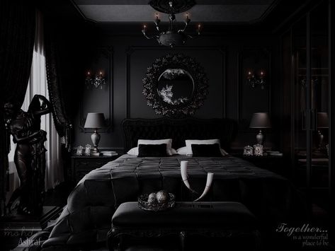 Dark Castle Bedroom, Dark Royal Bedroom, All Black Bedroom Ideas, All Black Bedroom, Mansion Bedroom, Castle Interior, Royal Bedroom, Gothic Bedroom, Cats House