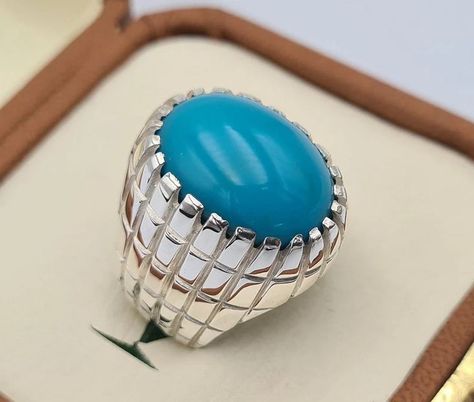 Turquoise Very Clean Clear Surface Feroza Ring Sterling Silver Zodiac Gemstones, Feroza Ring, Mens Sapphire Ring, Mens Emerald Rings, Eilat Stone, Black Agate Ring, Mens Ring Designs, Rings Mens, Eilat