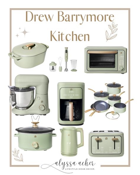 French Kitchen Appliances, Retro Style Appliances, Green Kitchen Appliances Aesthetic, Walmart Beautiful Appliances, Kitchen Gadgets Aesthetic, Kitchen Appliance Aesthetic, Sage Kitchen Appliances, Retro Style Kitchen Ideas, Colorful Appliances In Kitchen