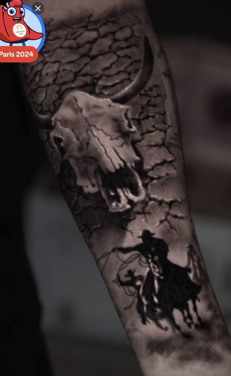 Realistic Western Tattoo, Mens Native Tattoos, Cowboy Tattoos Western, Cowboy Skull Tattoo Design, Cowboy Sleeve Tattoo For Men, Men’s Western Arm Tattoo, Western Tattoo Ideas Men, Western Realism Tattoo, Western Half Sleeve Tattoo