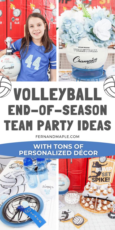 How to set up a Volleyball Team Party for the perfect end-of-season celebration, with volleyball background, dessert table and dining table! Get details now at www.fernandmaple.com! Sports Team Party Ideas, Volleyball Party Ideas Activities Fun, Volleyball Party Centerpieces, End Of Season Party Ideas, Volleyball Party Food Ideas, Sports Banquet Ideas Volleyball, Volleyball Charcuterie Board, End Of Season Volleyball Party, Volleyball Food Table Ideas