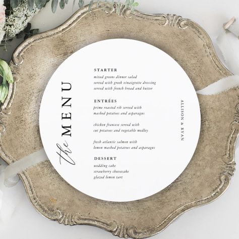 Elegant Wedding Table Circle Menu Cards  Zazzle Menu Wedding Table, Table Circle, Drink Wedding, Rustic Wedding Menu, Unique Wedding Ceremony Ideas, Rehearsal Dinner Menu, Elegant Wedding Table, Wedding Table Menus, Simple Calligraphy