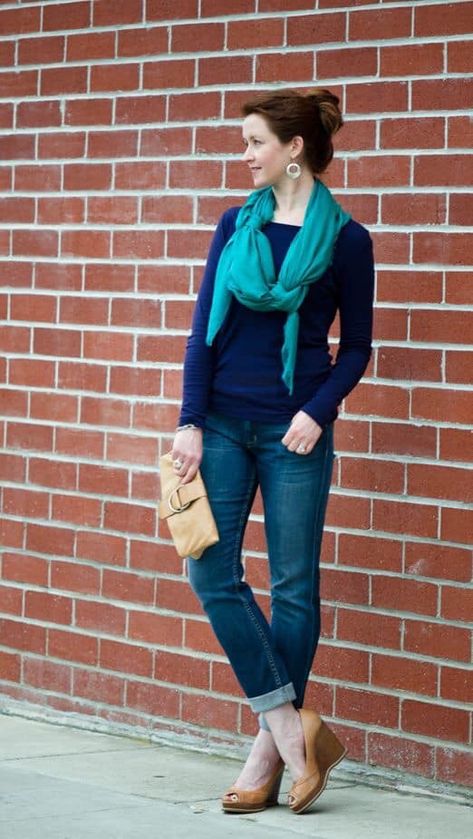 Teal Scarf Outfit, Turquoise Scarf Outfit, Turquoise Clothes, Turquoise Scarf, Teal Scarf, Jeans Heels, Sweater Jeans, Core Wardrobe, Fall Attire