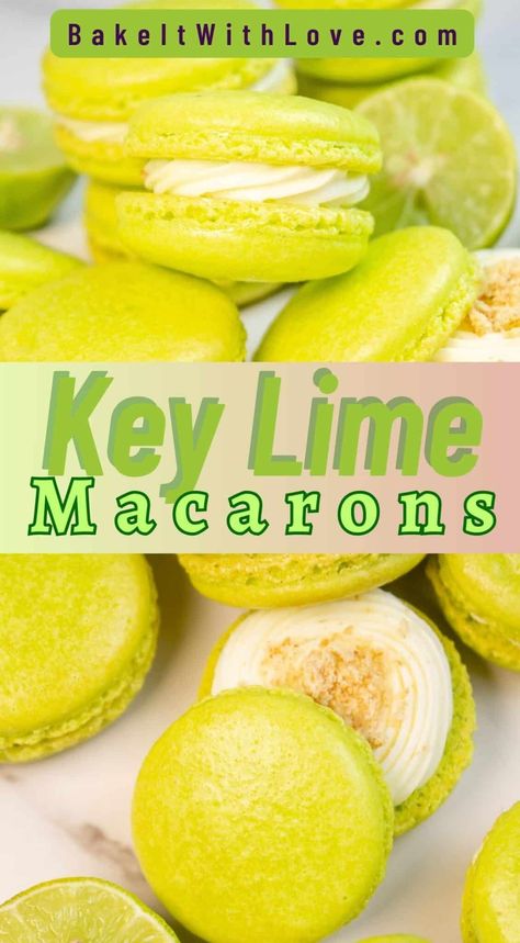 Best key lime macarons recipe pin with two images of the assembled cookie sandwiched around cream cheese filling. Key Lime Pie Macarons, Lime Macarons Recipe, Key Lime Macarons, Key Lime Cookie, Macaron Recipe Pistachio, Green Macaron Flavors, Pie Macarons, Lime Macarons, Lime Dessert