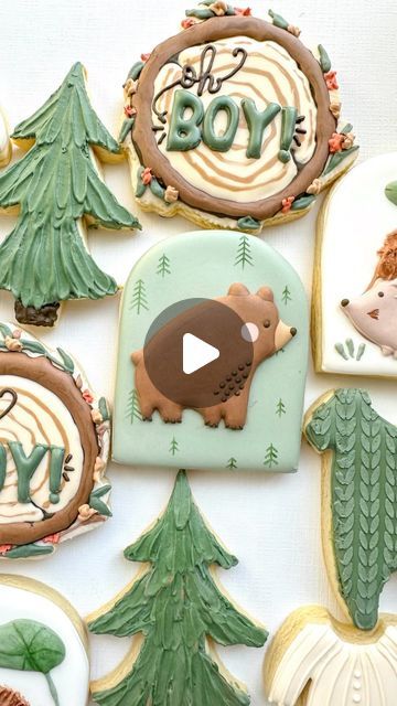 Woodland Bear Cookies, Woodland Royal Icing Cookies, Woodland Cookies Decorated, Woodland Sugar Cookies, Bear Cookies Decorated, Baby Cookies Decorated, Woodland Baby Shower Cookies, Bear Sugar Cookies, Homemade Royal Icing