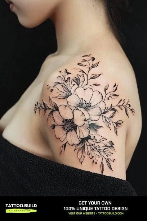 Feminine Beauty Inspiring Ladies Shoulder Tattoo Ideas for Timeless Elegance Floral Shoulder Tattoos For Women, Floral Shoulder Tattoos, Ladies Shoulder Tattoo, Top Of Shoulder Tattoo, Flower Neck Tattoo, Shoulder Tattoo Ideas, Tattoo On The Back, Feminine Shoulder Tattoos, Front Shoulder Tattoos