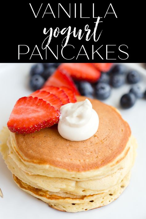 Vanilla Yogurt Pancakes are perfectly light and fluffy pancakes made with vanilla yogurt and are begging to be made for Sunday breakfast! #pancakes #breakfast #brunch @greenschocolate via @greenschocolate Vanilla Yogurt Pancakes, Vanilla Yogurt Dessert Recipes, Pancakes Made With Yogurt, What To Do With Vanilla Yogurt, Uses For Vanilla Yogurt, Recipe With Vanilla Yogurt, Pancakes With Yogurt, Vanilla Yogurt Recipes, Greek Yogurt Pancakes Recipe