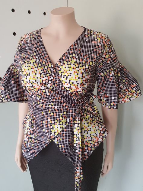 Ankara Wrap Top, Elagant Dress, Ankara Top Styles, Ankara Blouses, Peplum Wrap Top, Ankara Blouse, Blouse Tops Designs, African Blouses, Ankara Tops