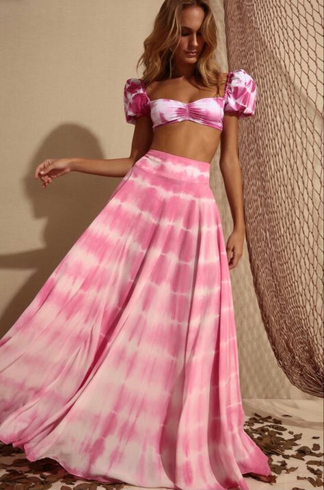 Tie Dye Maxi Skirt, Kurti Patterns, Tie Dye Outfits, Coverup Skirt, Pink Tie, Pink Tie Dye, Pink Ties, White Tie, Puff Sleeve Top